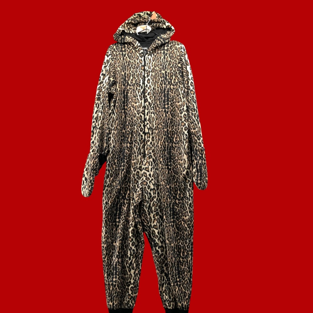Nick & Nora Leopard Cat Print Fleece Sleepwear Jumpsuit Pajamas Womens L Hooded